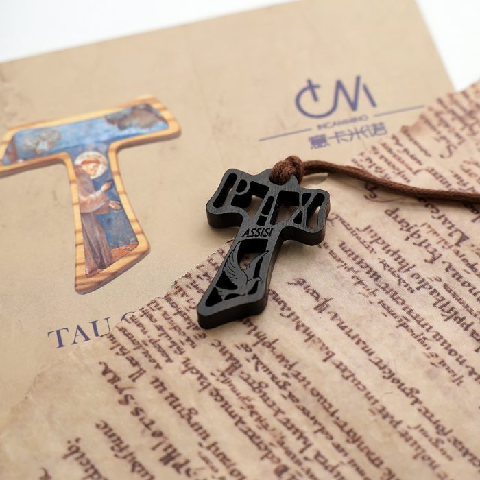 TAU十字架-镂空-圣方济各-黑檀紫檀橄榄木花梨木-3.7x2.4cm Catholic religious art