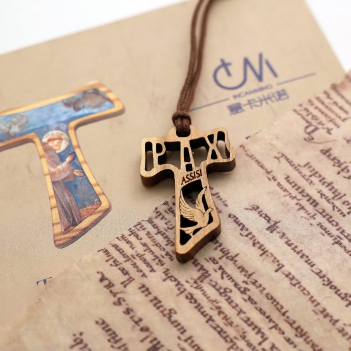 TAU十字架-镂空-圣方济各-黑檀紫檀橄榄木花梨木-3.7x2.4cm Catholic religious art