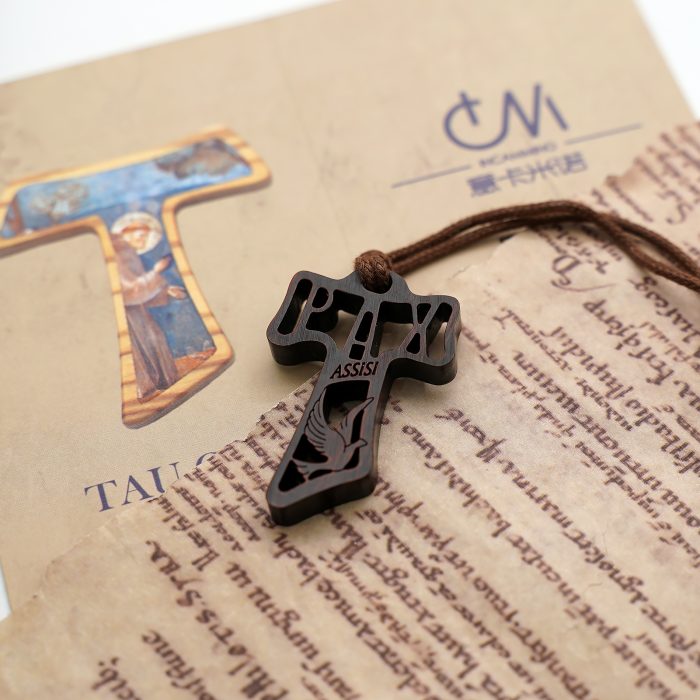 TAU十字架-镂空-圣方济各-黑檀紫檀橄榄木花梨木-3.7x2.4cm Catholic religious art