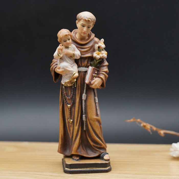 【现货】木雕- 圣安多尼抱耶稣-彩色 Catholic religious art