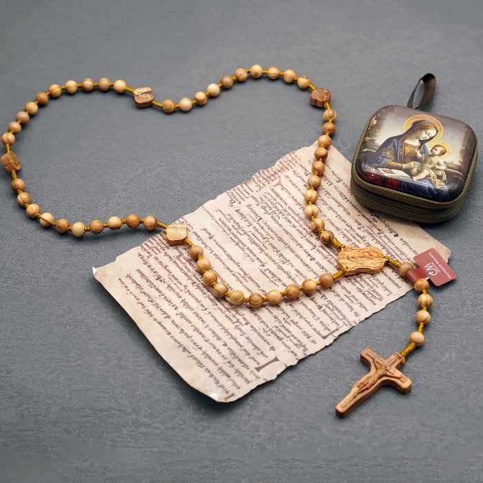 玫瑰念珠-万福圣母-橄榄木-绳编-8mm-珠送念珠包 Catholic religious art
