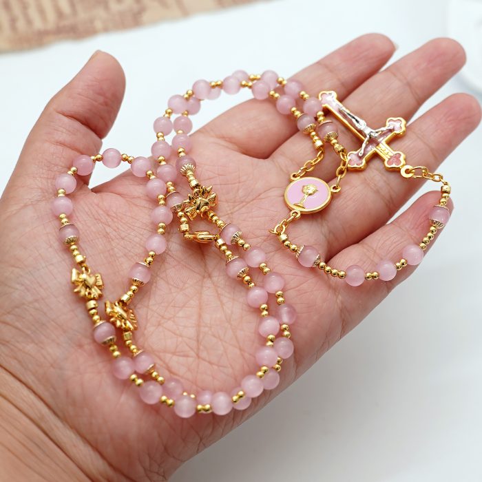 玫瑰念珠-圣爵蝴蝶结-粉水晶/粉水晶-6mm送念珠包 Catholic religious art