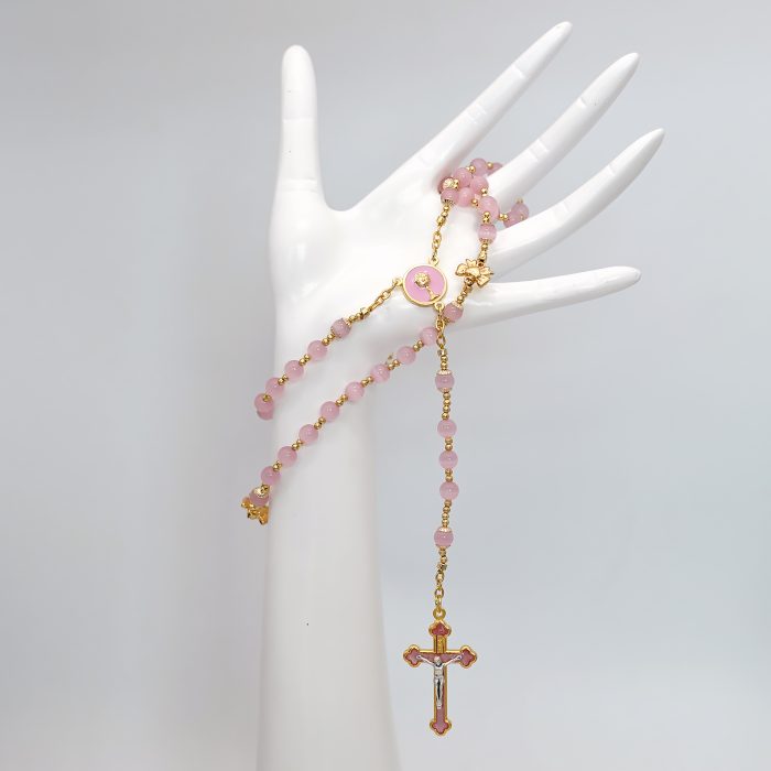 玫瑰念珠-圣爵蝴蝶结-粉水晶/粉水晶-6mm送念珠包 Catholic religious art