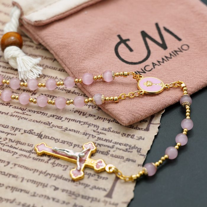 玫瑰念珠-圣爵蝴蝶结-粉水晶/粉水晶-6mm送念珠包 Catholic religious art