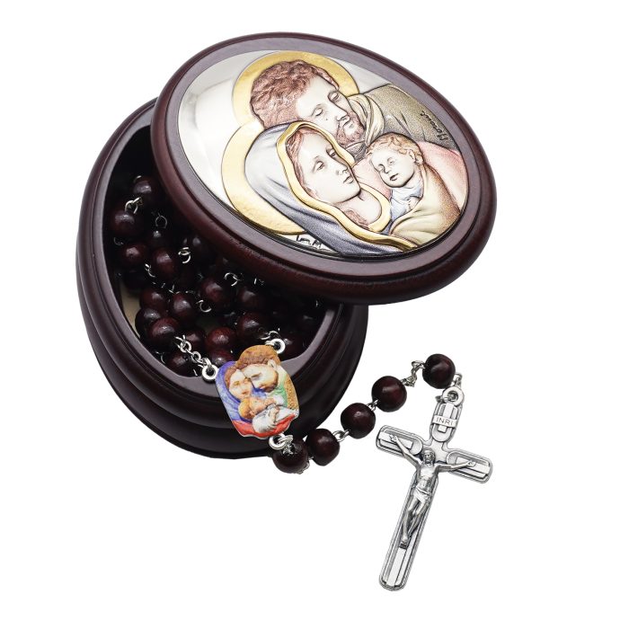 玫瑰念珠-紫檀套装-圣家-彩色-925银浮雕像-带盒 Catholic religious art