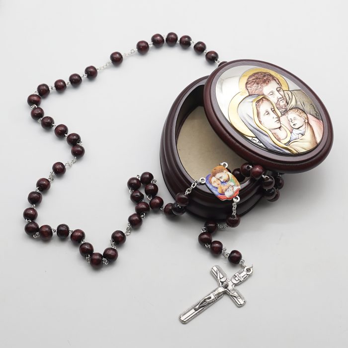 玫瑰念珠-紫檀套装-圣家-彩色-925银浮雕像-带盒 Catholic religious art