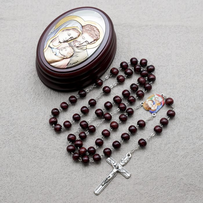 玫瑰念珠-紫檀套装-圣家-彩色-925银浮雕像-带盒 Catholic religious art