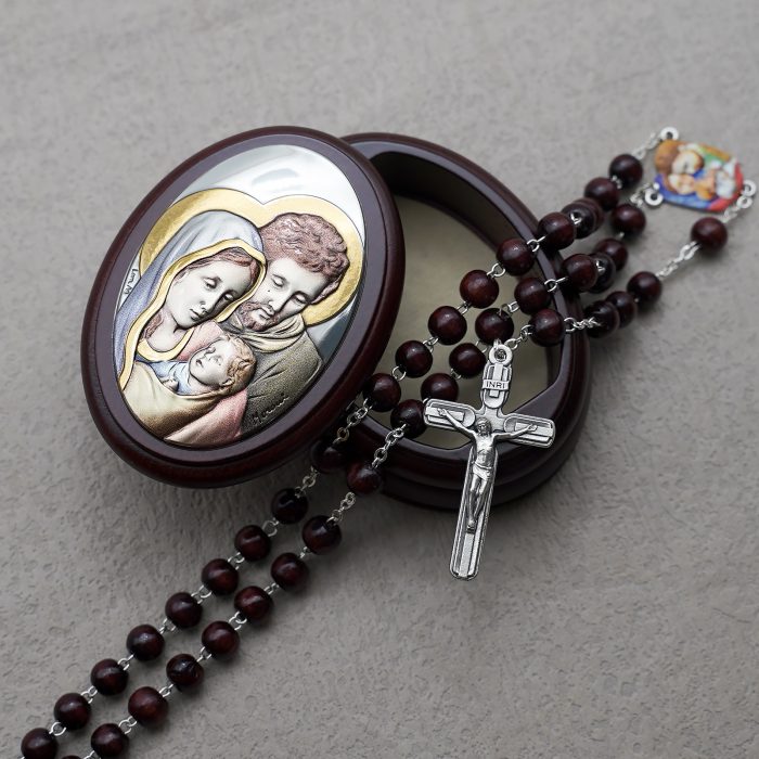 玫瑰念珠-紫檀套装-圣家-彩色-925银浮雕像-带盒 Catholic religious art