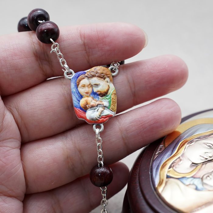 玫瑰念珠-紫檀套装-圣家-彩色-925银浮雕像-带盒 Catholic religious art