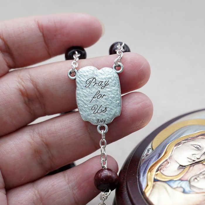 玫瑰念珠-紫檀套装-圣家-彩色-925银浮雕像-带盒 Catholic religious art