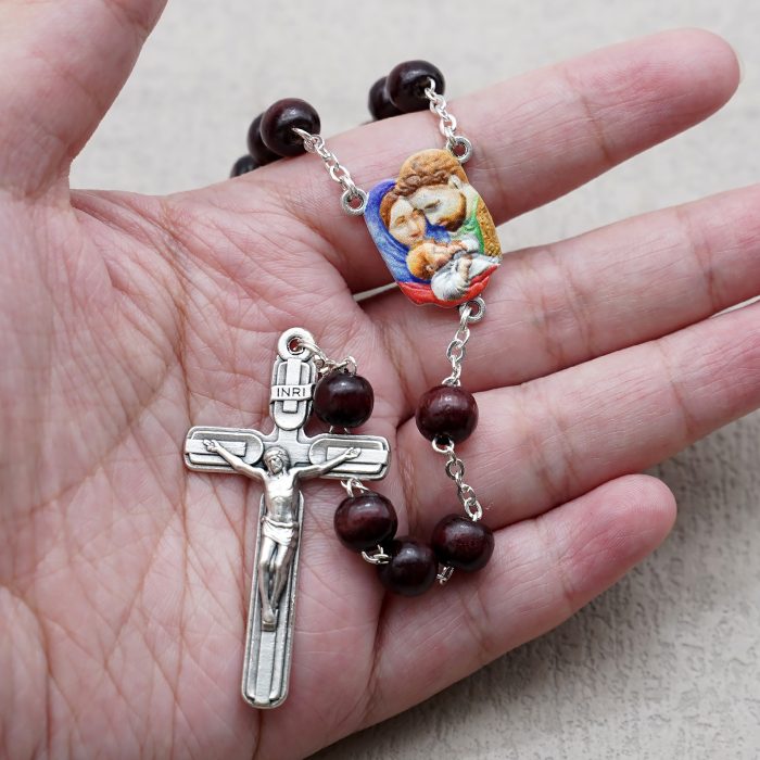 玫瑰念珠-紫檀套装-圣家-彩色-925银浮雕像-带盒 Catholic religious art