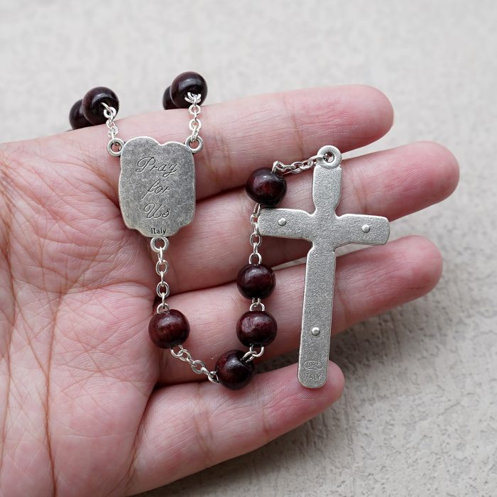 玫瑰念珠-紫檀套装-圣家-彩色-925银浮雕像-带盒 Catholic religious art