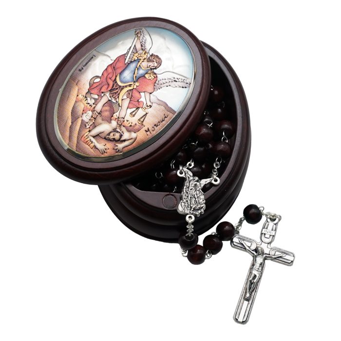 玫瑰念珠-紫檀套装-弥额尔-彩色-925银浮雕像-带盒 Catholic religious art