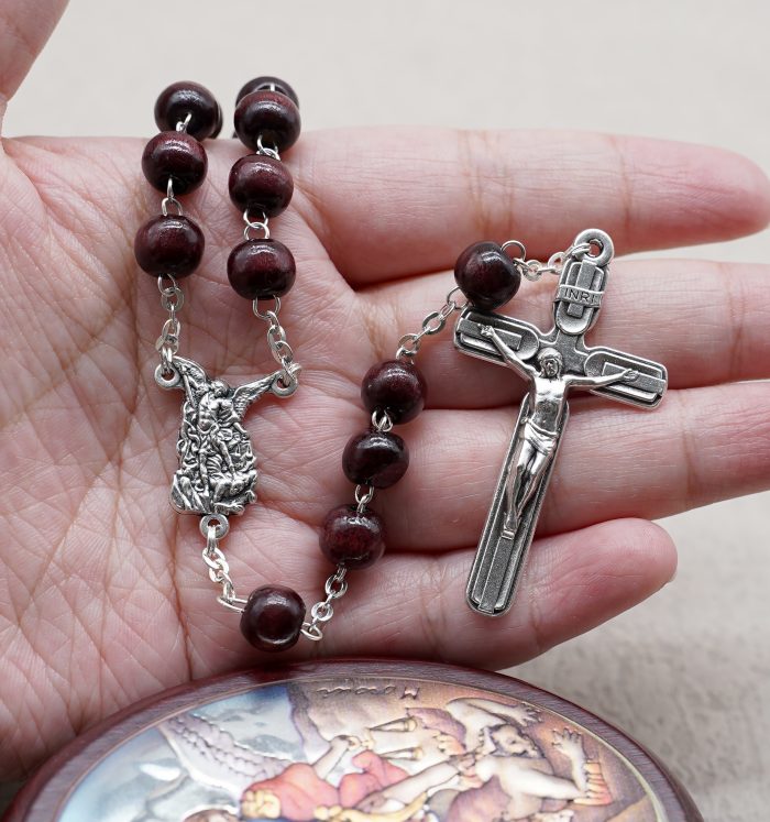 玫瑰念珠-紫檀套装-弥额尔-彩色-925银浮雕像-带盒 Catholic religious art