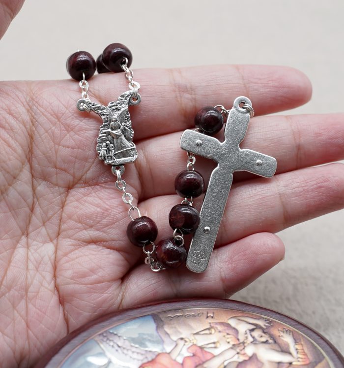 玫瑰念珠-紫檀套装-弥额尔-彩色-925银浮雕像-带盒 Catholic religious art