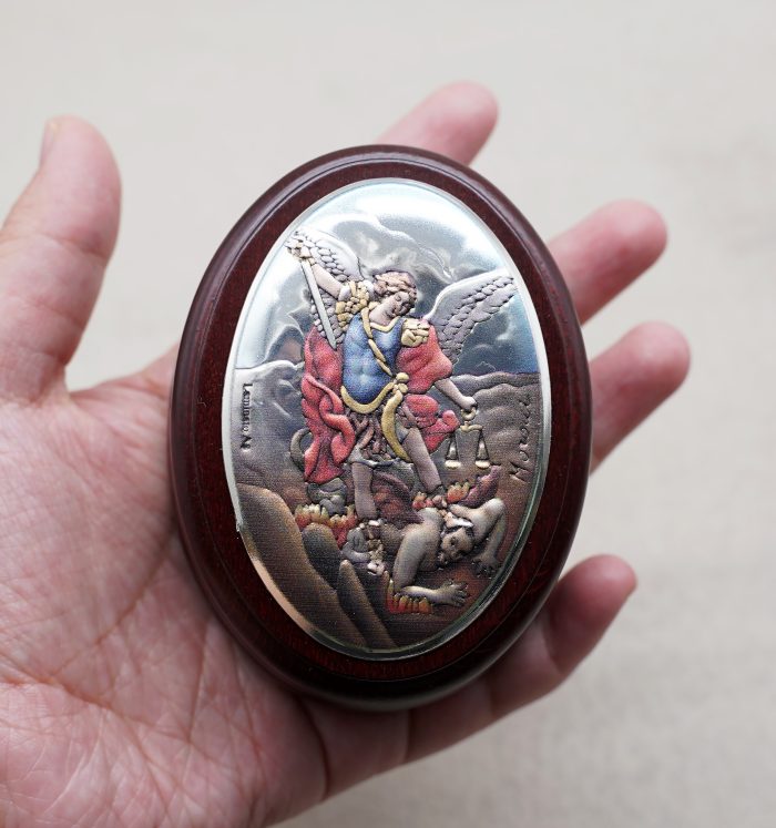 玫瑰念珠-紫檀套装-弥额尔-彩色-925银浮雕像-带盒 Catholic religious art