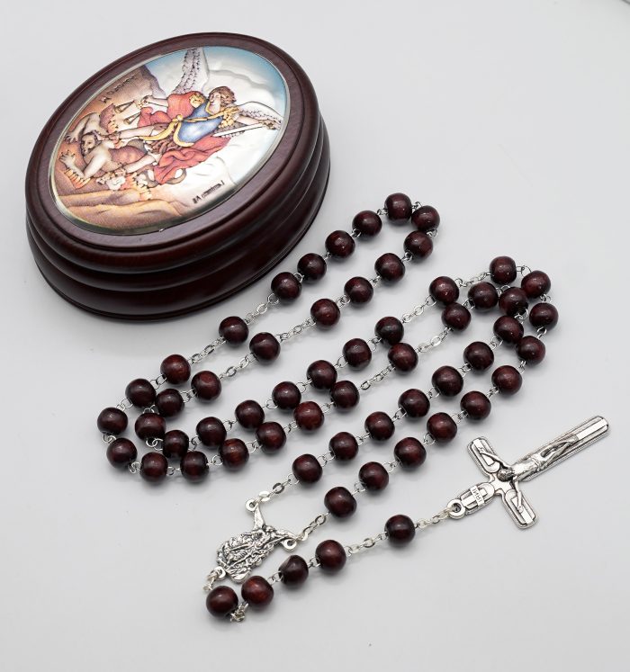 玫瑰念珠-紫檀套装-弥额尔-彩色-925银浮雕像-带盒 Catholic religious art