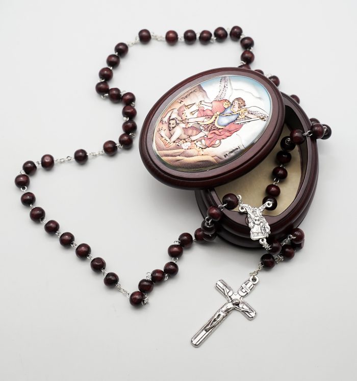 玫瑰念珠-紫檀套装-弥额尔-彩色-925银浮雕像-带盒 Catholic religious art