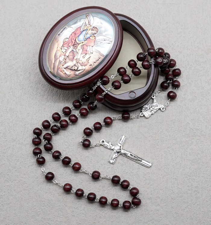 玫瑰念珠-紫檀套装-弥额尔-彩色-925银浮雕像-带盒 Catholic religious art