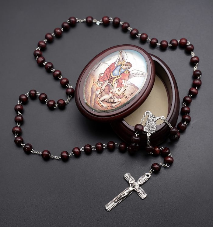 玫瑰念珠-紫檀套装-弥额尔-彩色-925银浮雕像-带盒 Catholic religious art