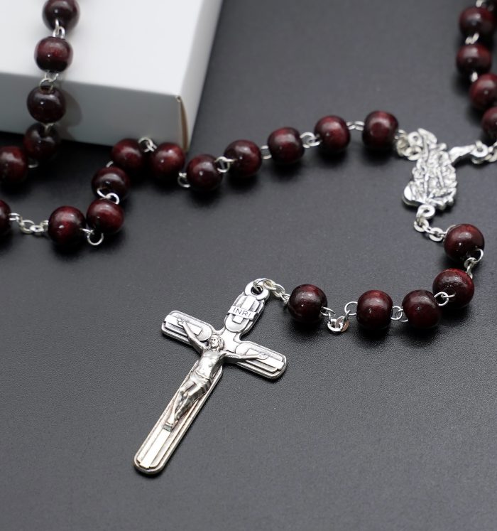 玫瑰念珠-紫檀套装-弥额尔-彩色-925银浮雕像-带盒 Catholic religious art