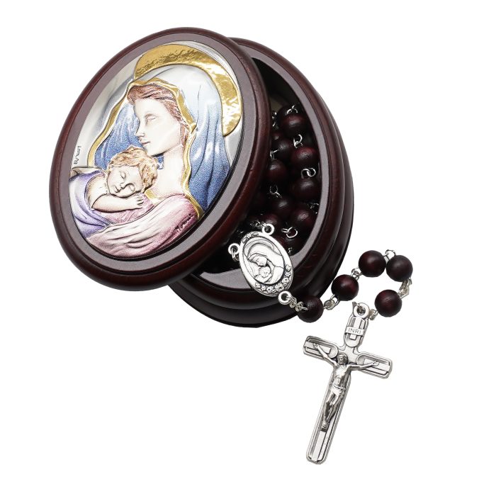 玫瑰念珠-紫檀套装-圣母抱子-彩色-925银浮雕像-带盒 Catholic religious art