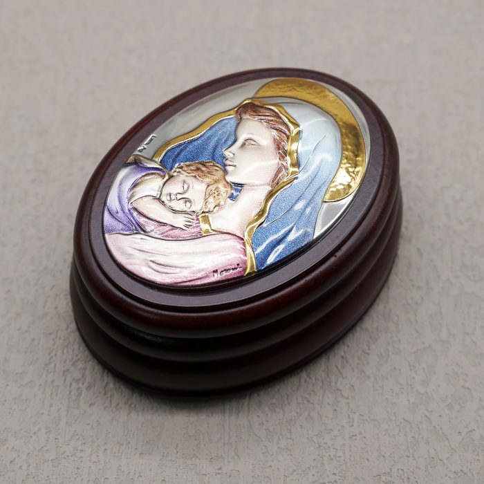 玫瑰念珠-紫檀套装-圣母抱子-彩色-925银浮雕像-带盒 Catholic religious art