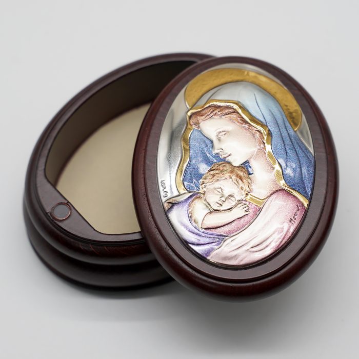 玫瑰念珠-紫檀套装-圣母抱子-彩色-925银浮雕像-带盒 Catholic religious art