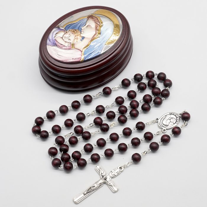 玫瑰念珠-紫檀套装-圣母抱子-彩色-925银浮雕像-带盒 Catholic religious art