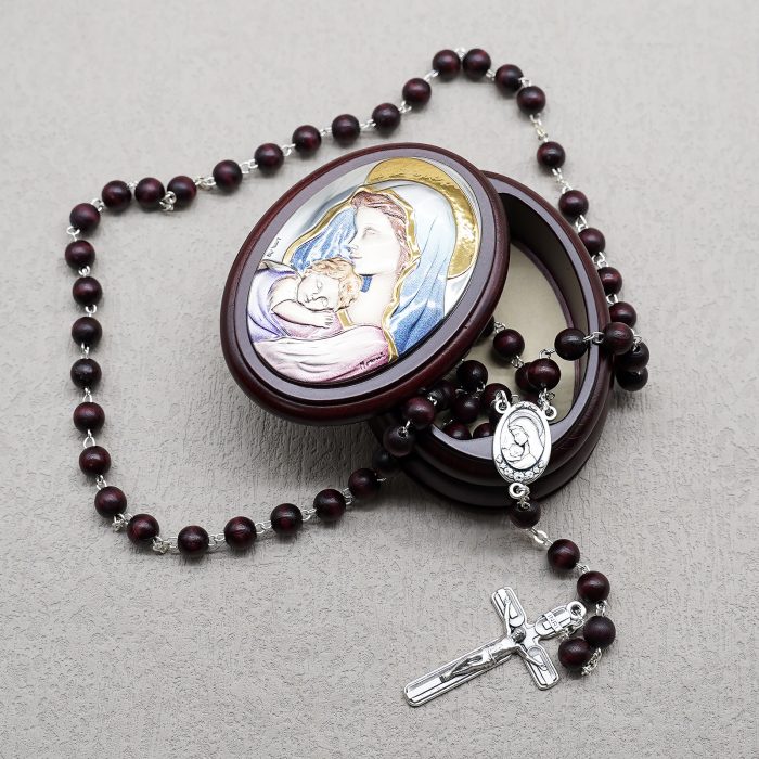 玫瑰念珠-紫檀套装-圣母抱子-彩色-925银浮雕像-带盒 Catholic religious art