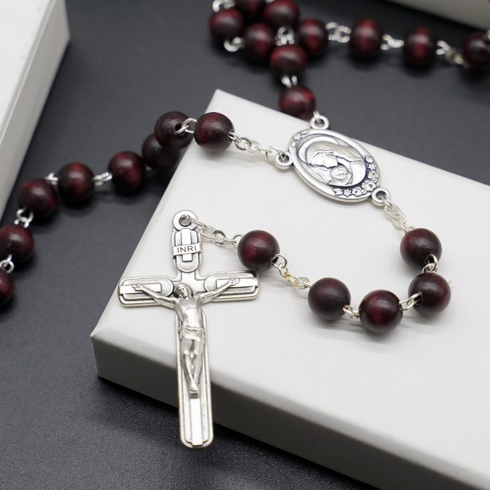玫瑰念珠-紫檀套装-圣母抱子-彩色-925银浮雕像-带盒 Catholic religious art