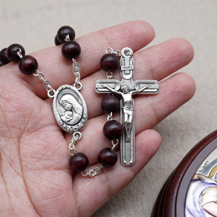 玫瑰念珠-紫檀套装-圣母抱子-彩色-925银浮雕像-带盒 Catholic religious art
