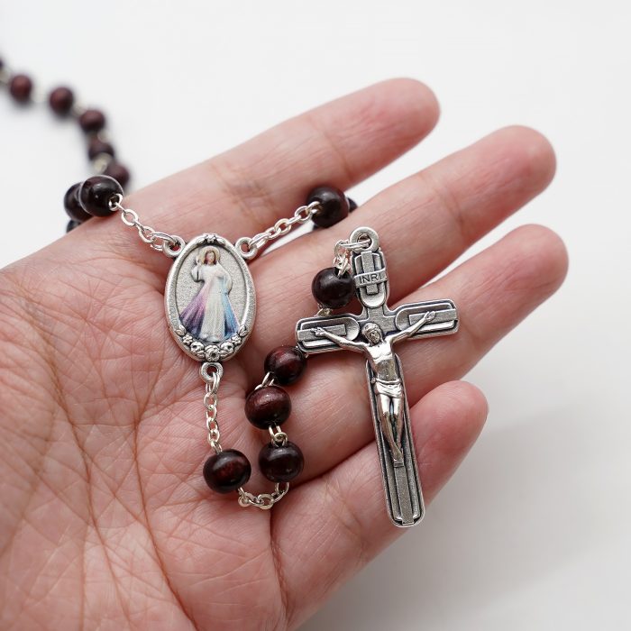 玫瑰念珠-紫檀套装-上主慈悲-彩色-925银浮雕像-带盒 Catholic religious art