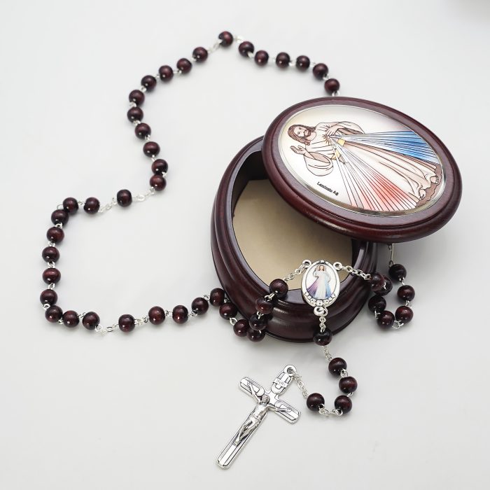 玫瑰念珠-紫檀套装-上主慈悲-彩色-925银浮雕像-带盒 Catholic religious art