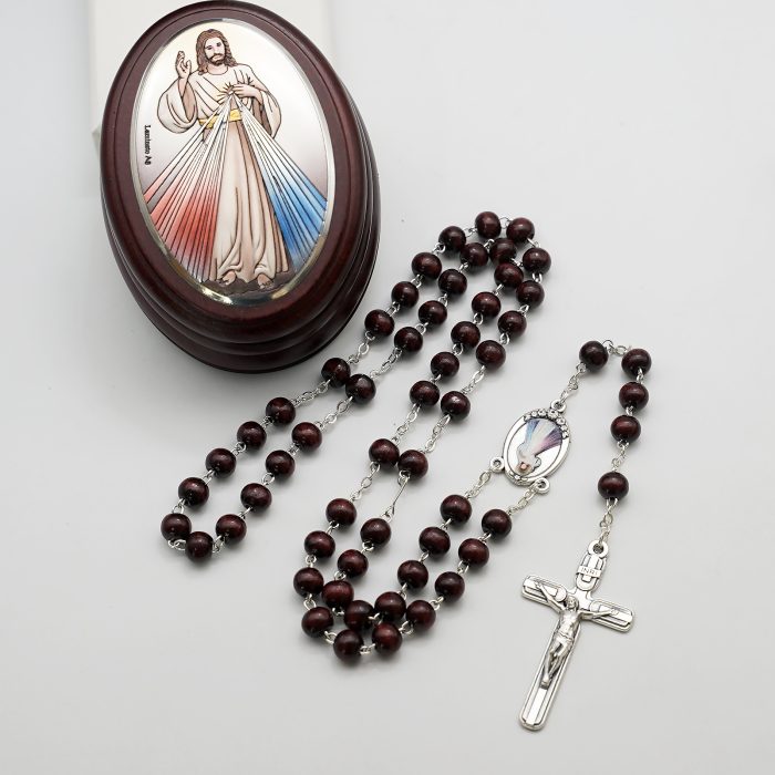 玫瑰念珠-紫檀套装-上主慈悲-彩色-925银浮雕像-带盒 Catholic religious art