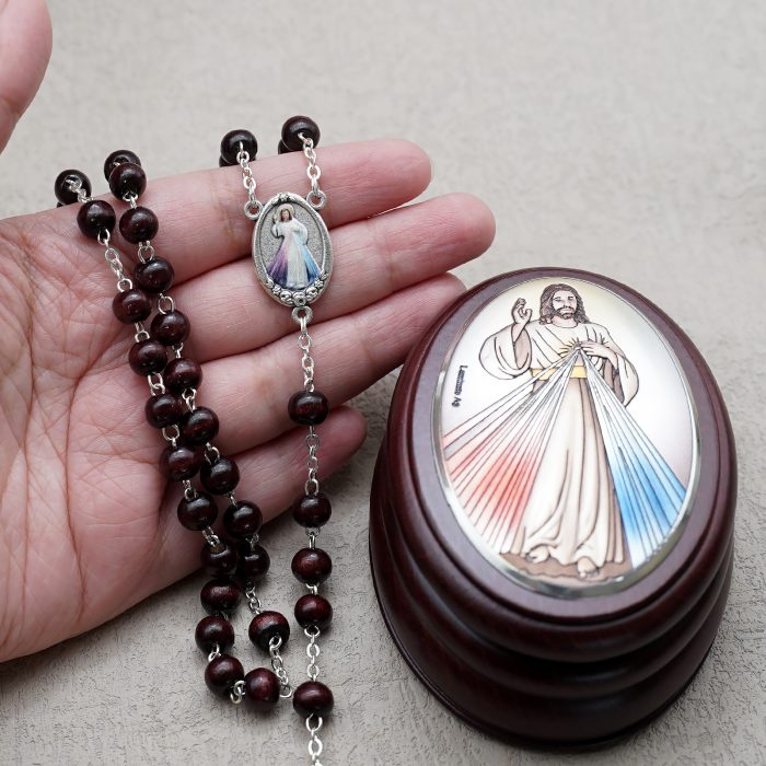 玫瑰念珠-紫檀套装-上主慈悲-彩色-925银浮雕像-带盒 Catholic religious art