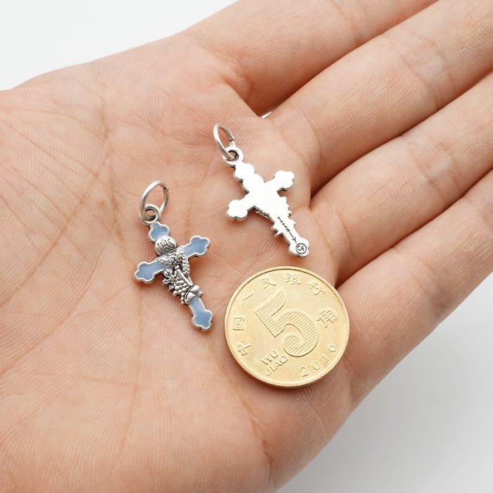 DIY十字架-圣体圣事-锌合金+镀银蓝色珐琅-1.9cm Catholic religious art