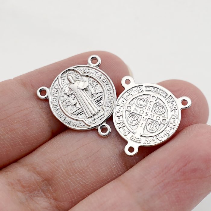 DIY三通-圣本笃-925银-镀铑-1.5cm Catholic religious art