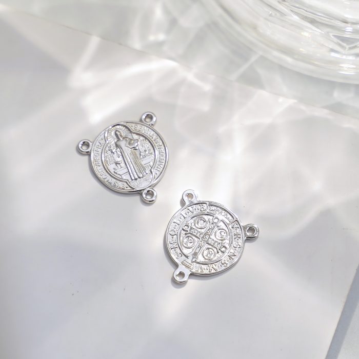 DIY三通-圣本笃-925银-镀铑-1.5cm Catholic religious art