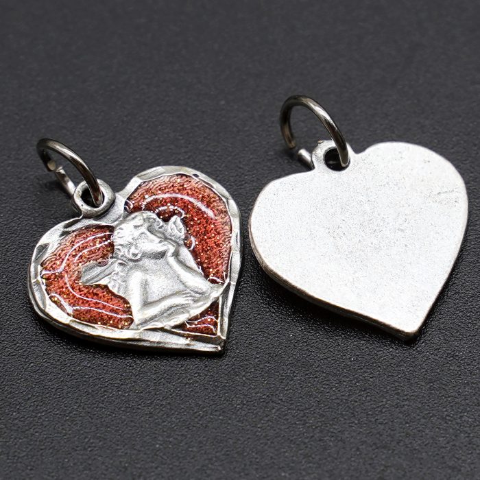 合金圣牌-小天使-桃心-红珐琅-1.5x1.7cm Catholic religious art