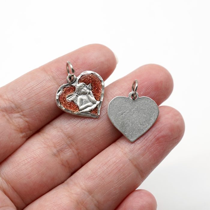 合金圣牌-小天使-桃心-红珐琅-1.5x1.7cm Catholic religious art