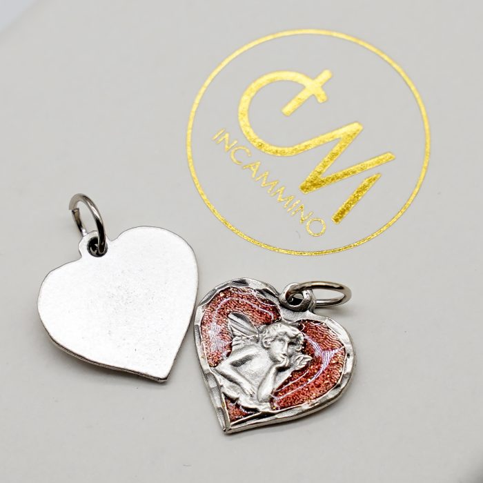 合金圣牌-小天使-桃心-红珐琅-1.5x1.7cm Catholic religious art