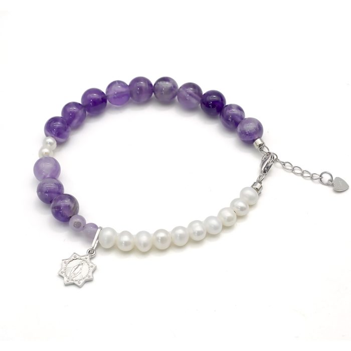 紫水晶-珍珠-925银圣牌-龙虾扣-8mm Catholic religious art