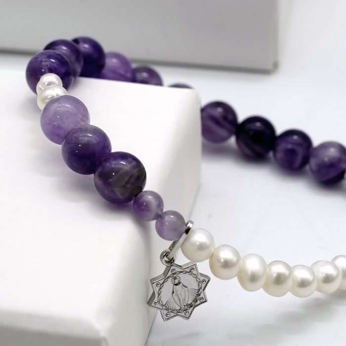 紫水晶-珍珠-925银圣牌-龙虾扣-8mm Catholic religious art