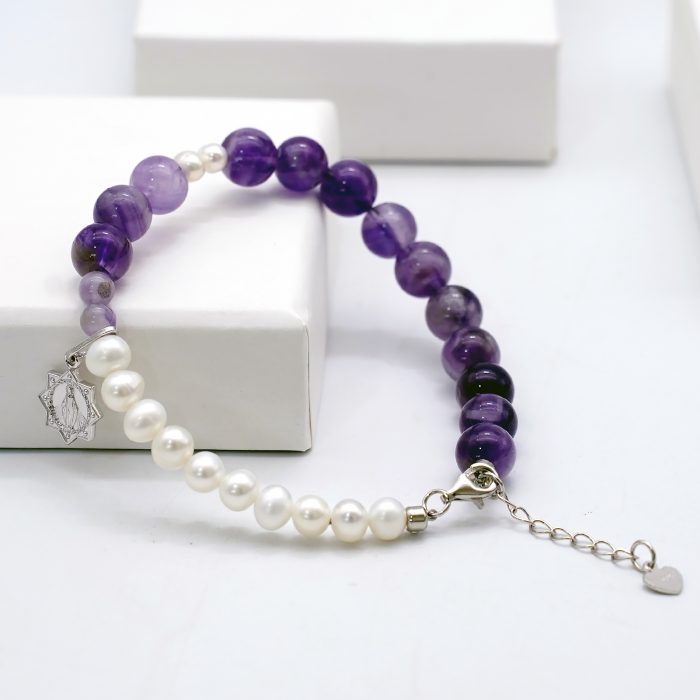 紫水晶-珍珠-925银圣牌-龙虾扣-8mm Catholic religious art