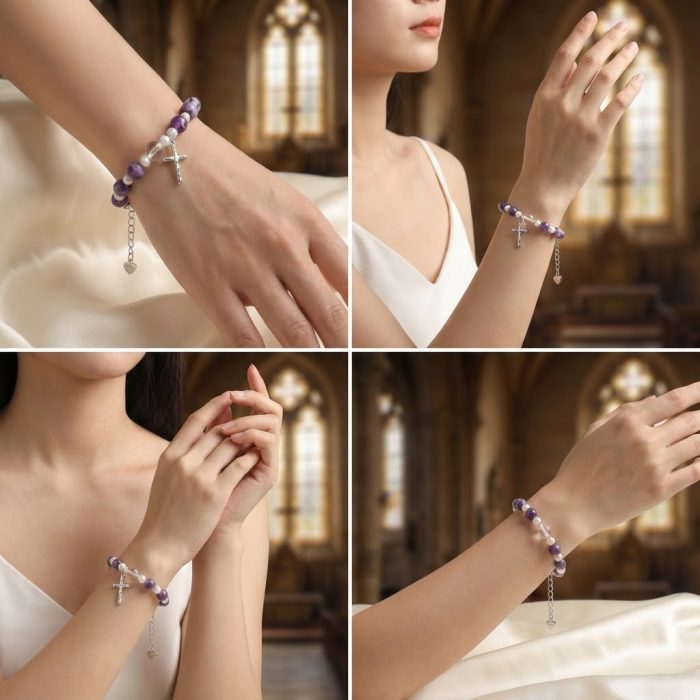 紫水晶-珍珠-925银圣牌-龙虾扣-8mm Catholic religious art