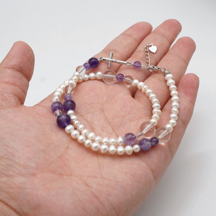 双圈珍珠紫水晶银手链--龙虾扣-8mm Catholic religious art