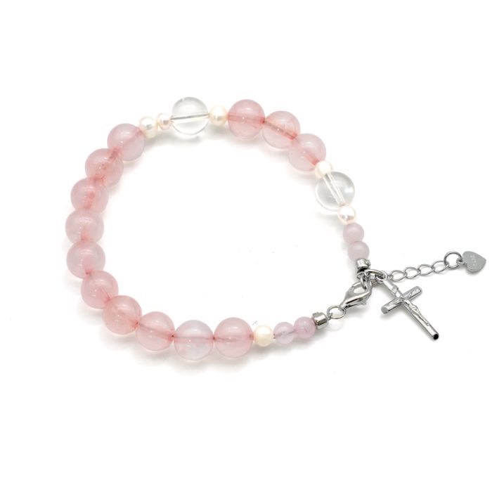 粉水晶珍珠-925银十字架-龙虾扣-8mm Catholic religious art