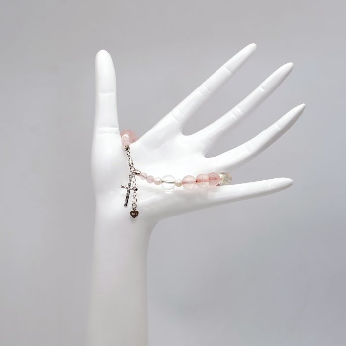 粉水晶珍珠-925银十字架-龙虾扣-8mm Catholic religious art