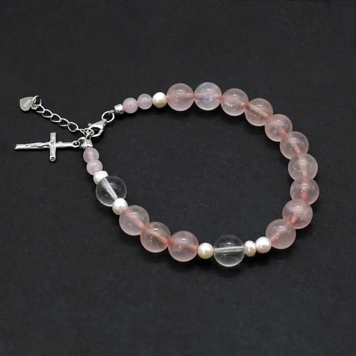 粉水晶珍珠-925银十字架-龙虾扣-8mm Catholic religious art